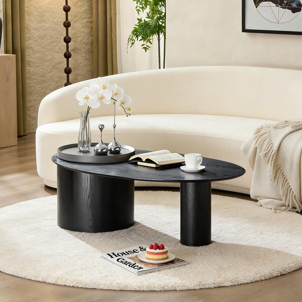 Modern Wooden Oval Coffee Table with Storage, 47.24' Farmhouse Wood Coffee Table Mid Century Boho Curved Center Table with Legs for Living Room Office, Black