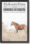 Black Framed Flat Vintage Cowgirls Go Coastal Newspaper Poster Horse Rocks And Coastal Grass Canvas Wall Art Shoreline Prints Painting For Home Bedroom Dorm Wall Decor 24x36in Black Framed Flat