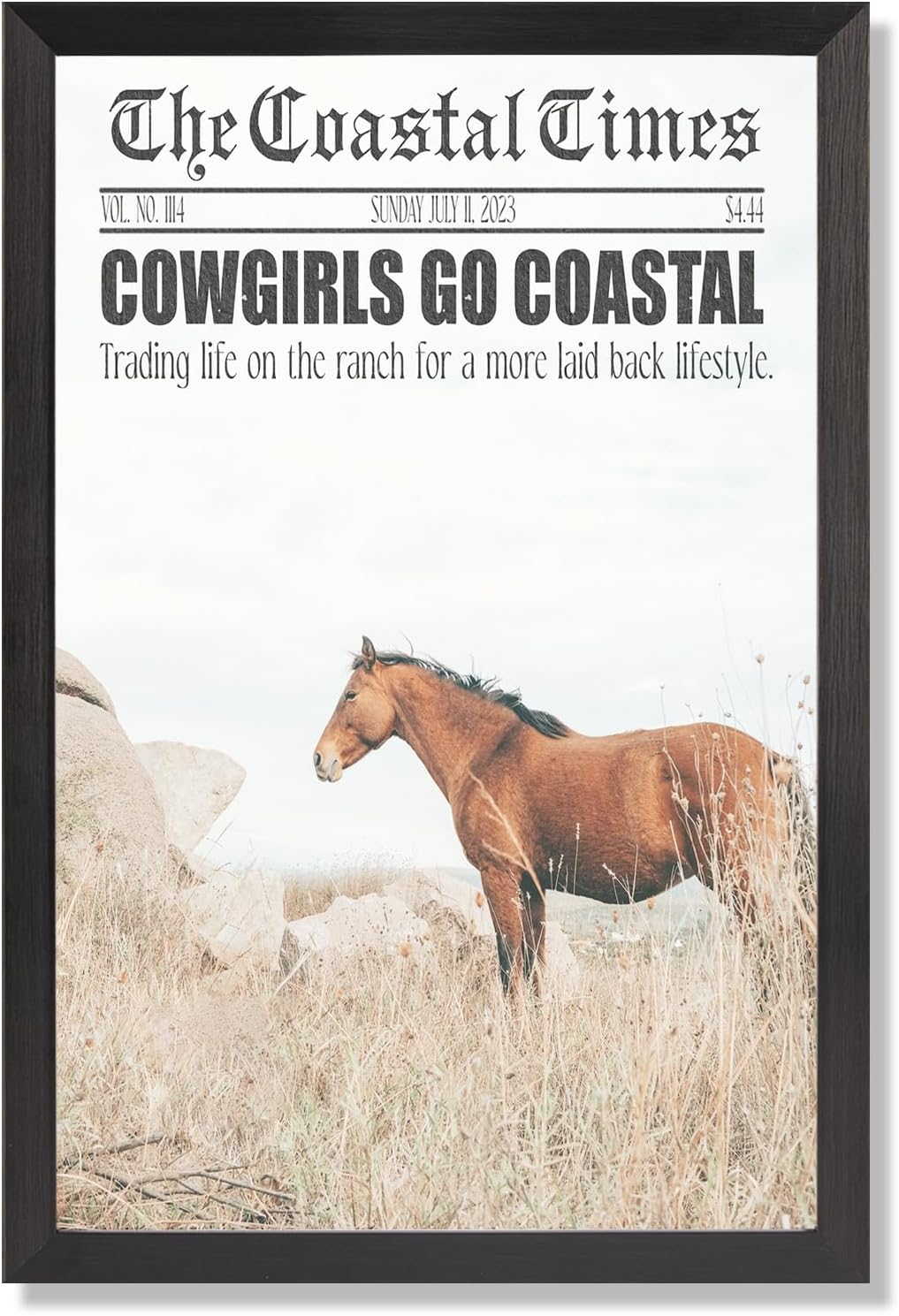 Black Framed Flat Vintage Cowgirls Go Coastal Newspaper Poster Horse Rocks And Coastal Grass Canvas Wall Art Shoreline Prints Painting For Home Bedroom Dorm Wall Decor 24x36in Black Framed Flat