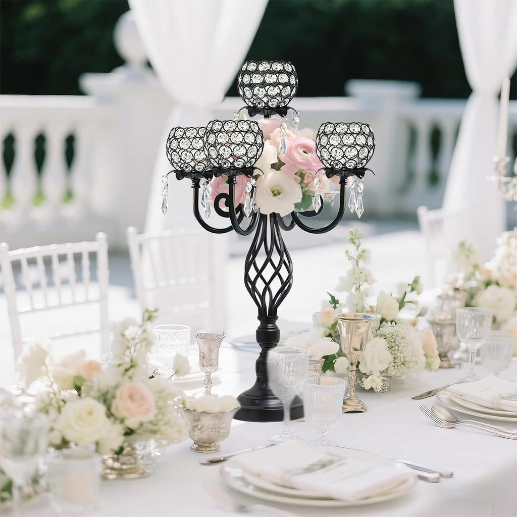 5-Arm Crystal Candelabra Centerpiece 23.2' Tall - Elegant Candle Holder Stand with Crystal Bowl, Chic Table Decor for Weddings, Parties, Anniversary & Home Decoration (4, Black)