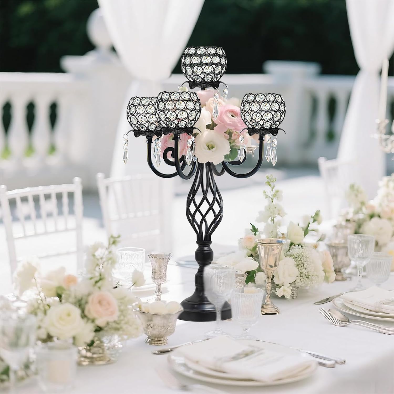 5-Arm Crystal Candelabra Centerpiece 23.2' Tall - Elegant Candle Holder Stand with Crystal Bowl, Chic Table Decor for Weddings, Parties, Anniversary & Home Decoration (4, Black)