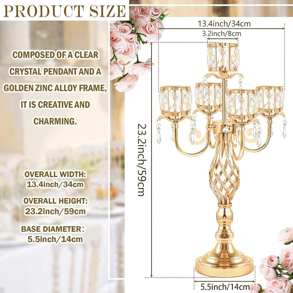 23.2 inch Tall Elegant and Chic 5 Arm Pendant Crystal Candlestick Holder Table Decoration tealight Candle Holder, Candelabra for Gorgeous Wedding/Parties Table Centerpiece (4, Gold)