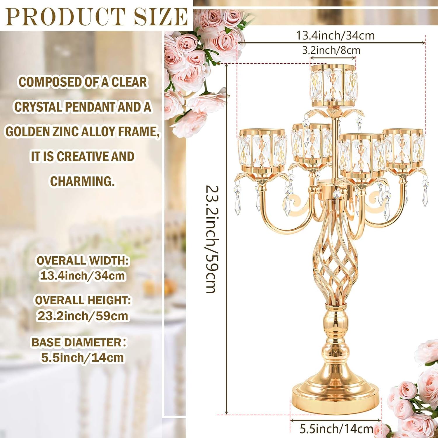 23.2 inch Tall Elegant and Chic 5 Arm Pendant Crystal Candlestick Holder Table Decoration tealight Candle Holder, Candelabra for Gorgeous Wedding/Parties Table Centerpiece (4, Gold)