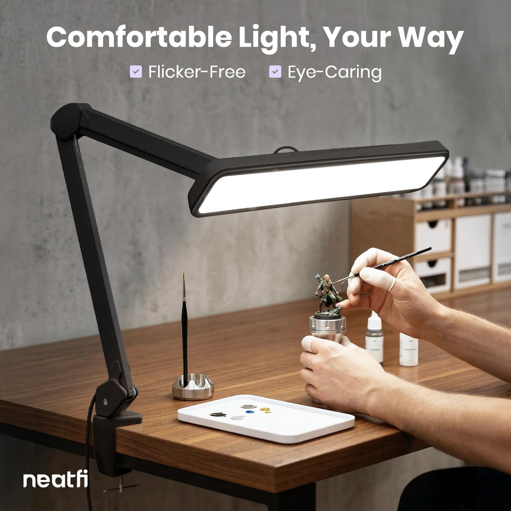 Neatfi XL 2,500 Lumens 30W LED Task Lamp with Clamp | 324 SMD LEDs | CCT | 5 Light Modes | 3000K–6000K | Dimmable | Adjustable Arm with Clamp | Desk Light for Home (Black, 22-Inch Wide Shade)