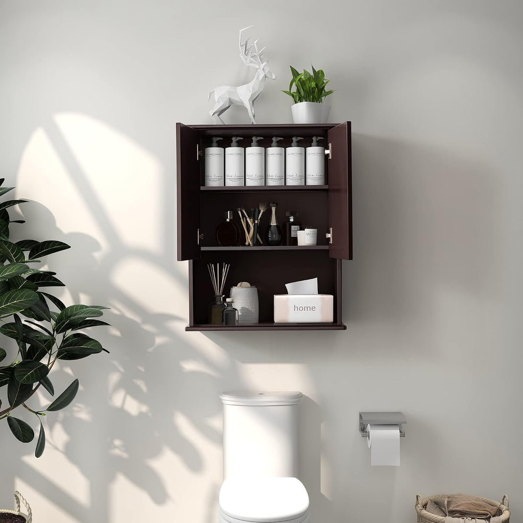 Dark Brown Bathroom Wall Cabinet Mounted Wooden Medicine Cabinets Espresso Over Toilet Storage Cabinet, 23x29 Inch Hanging Bathroom Wall Cabinet with 2 Doors & Adjustable Shelf, Soft Hinge