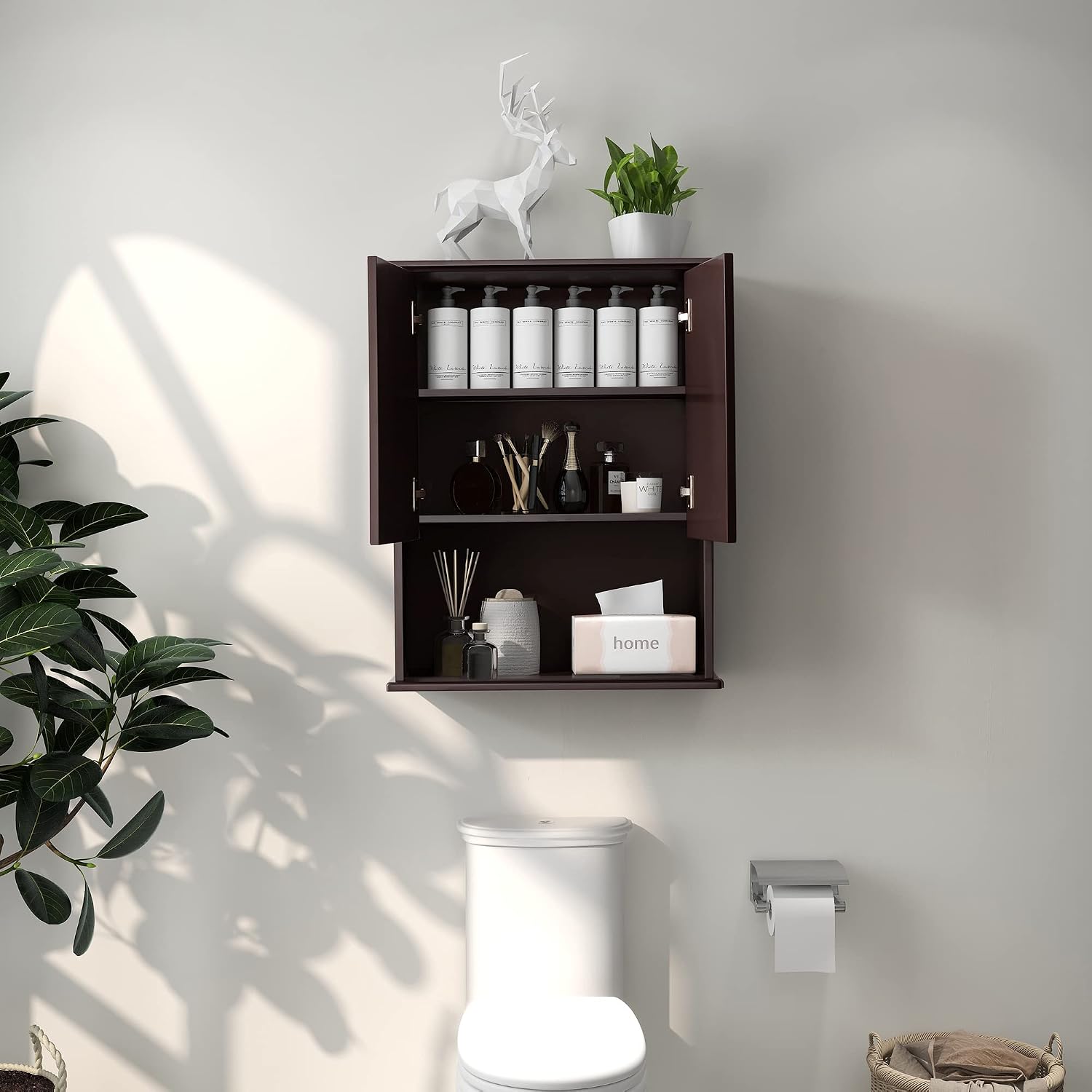 Dark Brown Bathroom Wall Cabinet Mounted Wooden Medicine Cabinets Espresso Over Toilet Storage Cabinet, 23x29 Inch Hanging Bathroom Wall Cabinet with 2 Doors & Adjustable Shelf, Soft Hinge
