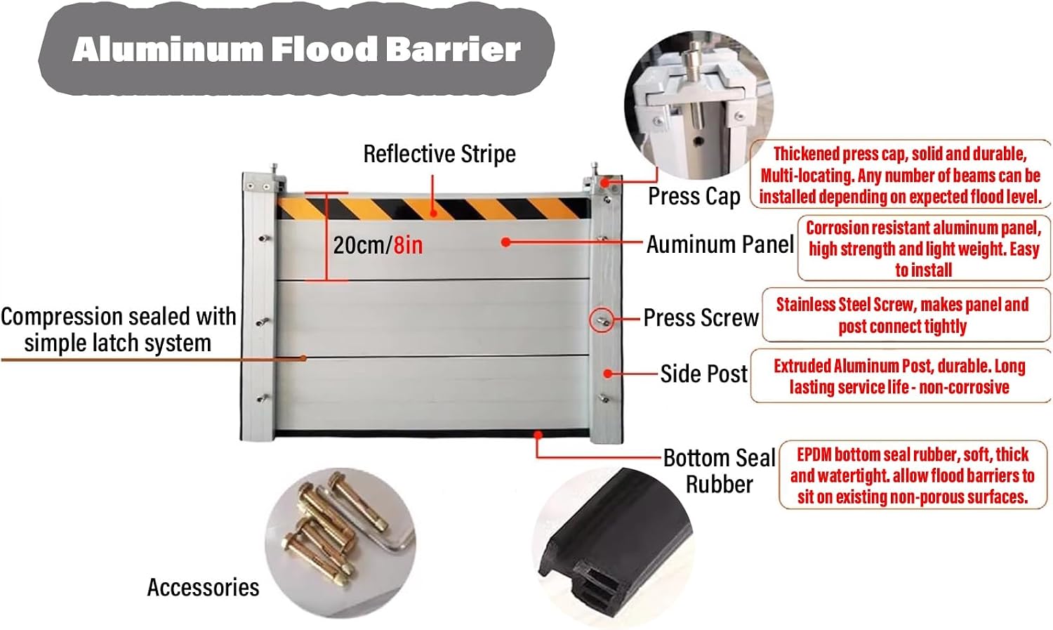 1.3ft High Garage Door Flood Barrier Threshold Kit, Detachable Aluminum Shield Door Water Stopper Barrier for Basement/ Front Door/ Gates/ Sliding Door, 2ft-13.5ft Long ( Color : H 1.3ft/0.4m , Size :