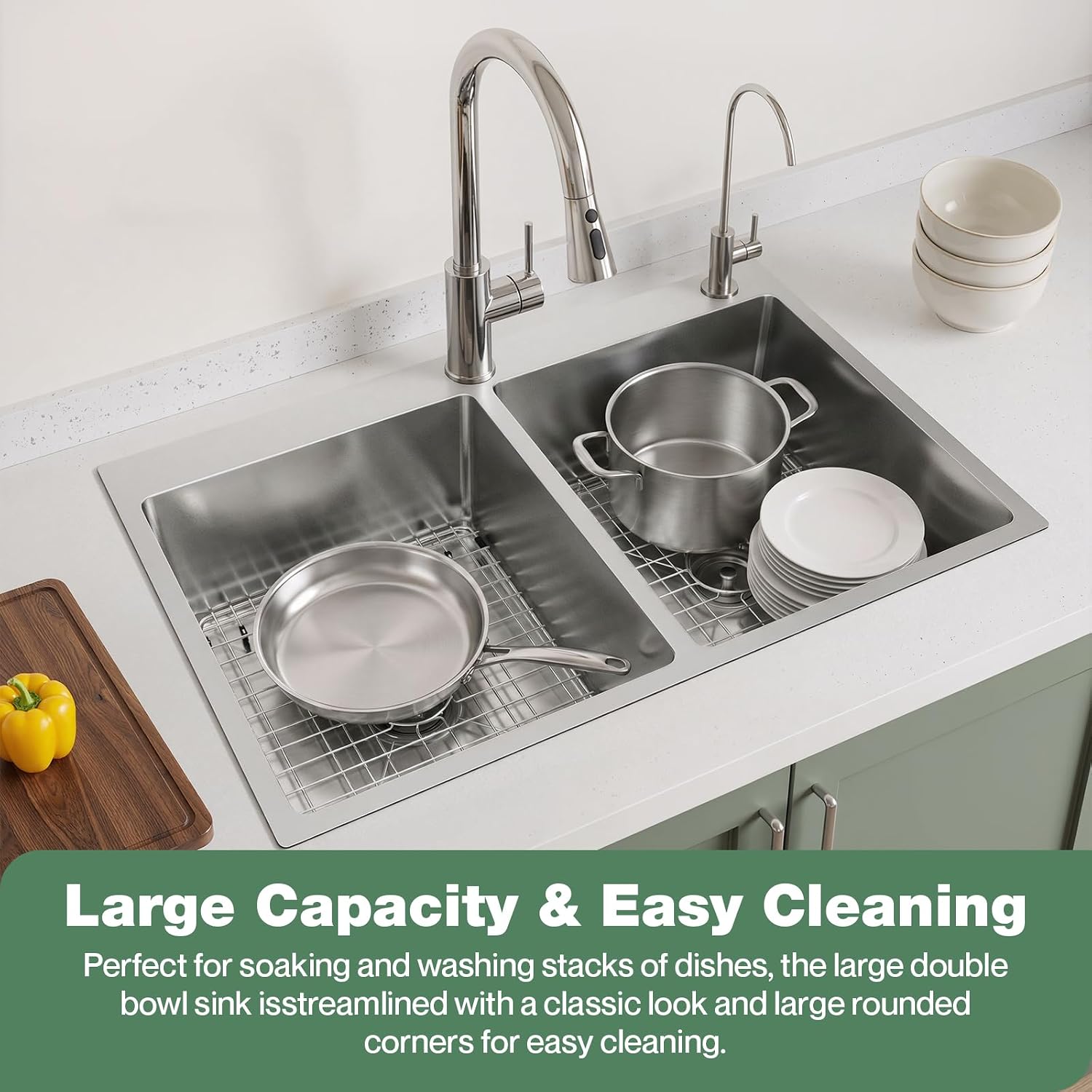 33' x 22' x 9' Drop-In Double Bowl Kitchen Sink, Topmount Stainless Steel with Satin Finish, Soundproofing & Protective Bottom Grid