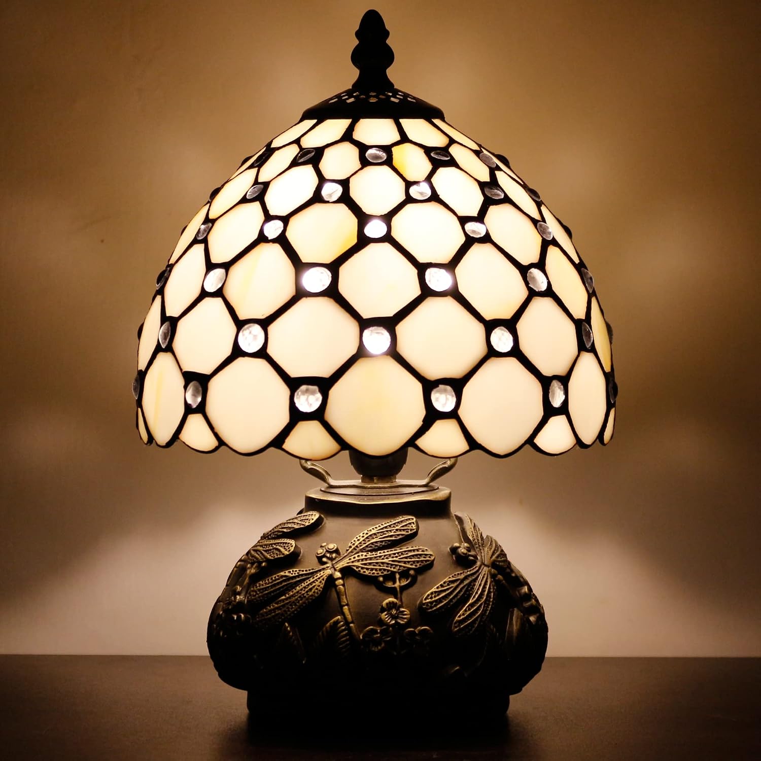 Small Tiffany Lamp Mini Stained Glass Table Lamp Cream Pearl Beads Style Mushroom Desk Light Memory Sympathy Lamp 8X11 Inch