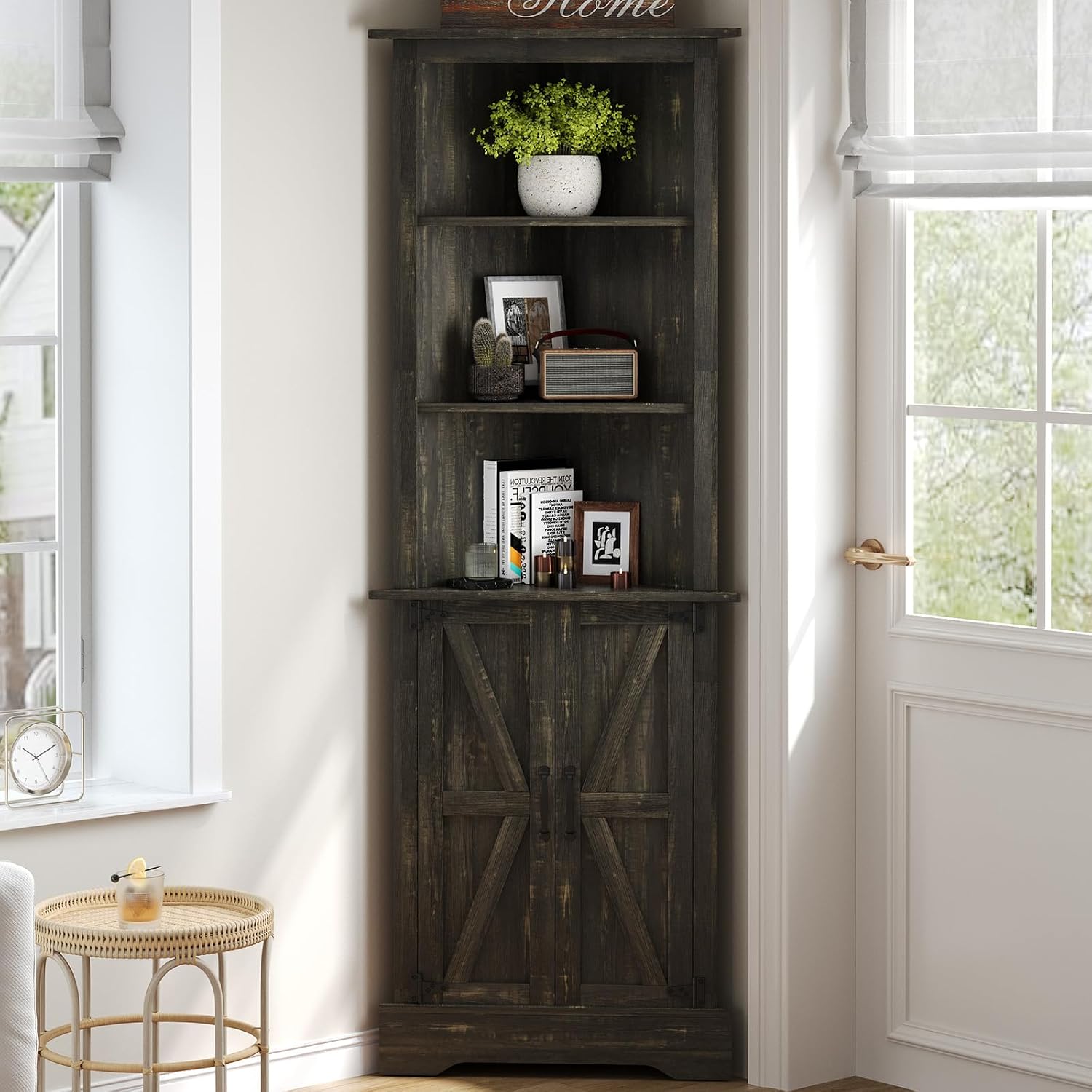 4 EVER WINNER Farmhouse Corner Cabinet, 68' Tall Corner Cabinet with 5-Tier Adjustable Shelves and Barn Doors for Small Spaces, Living Room, Dining Room, Hallway, Bathroom, Kitchen, Rustic Oak