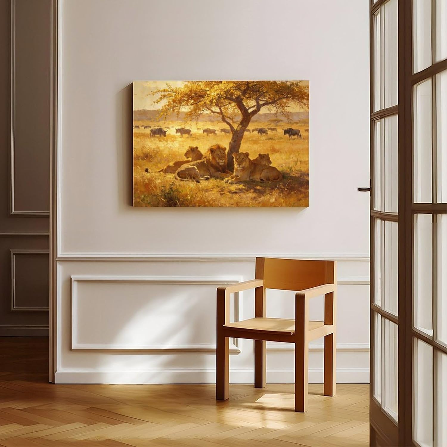 African Lions Wall Art Print, Lion Pride Resting Under Acacia Tree at Golden Sunset, Safari Wildlife Painting Poster 24x36inch(60x90cm)
