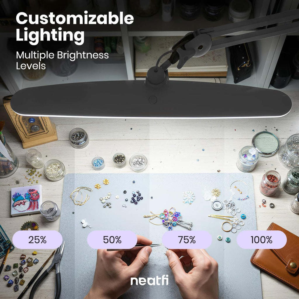 Neatfi XL 24W LED Desk Lamp – 2,200 Lumens | 23' Wide Shade | Dimmable Eye-Caring Task Light | Adjustable Arm | Office, Study, Crafting & Nail Techs (Silver, Non-CCT with Base)