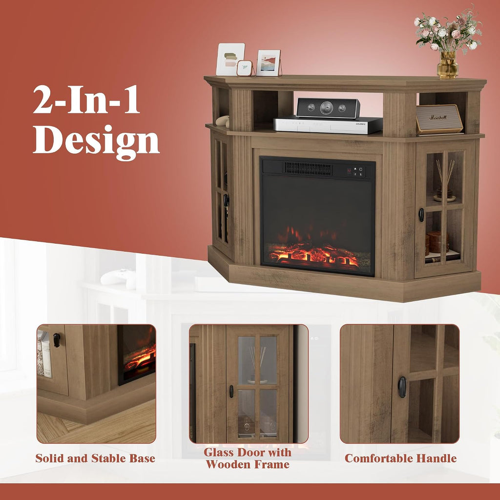 Furmax Fireplace Corner TV Stand for Up to 55 Inch, Modern Console with 18 Inch Electric Fireplace, Entertainment Center with Open Shelf and Storage Cabinets for Living Room (Brown)
