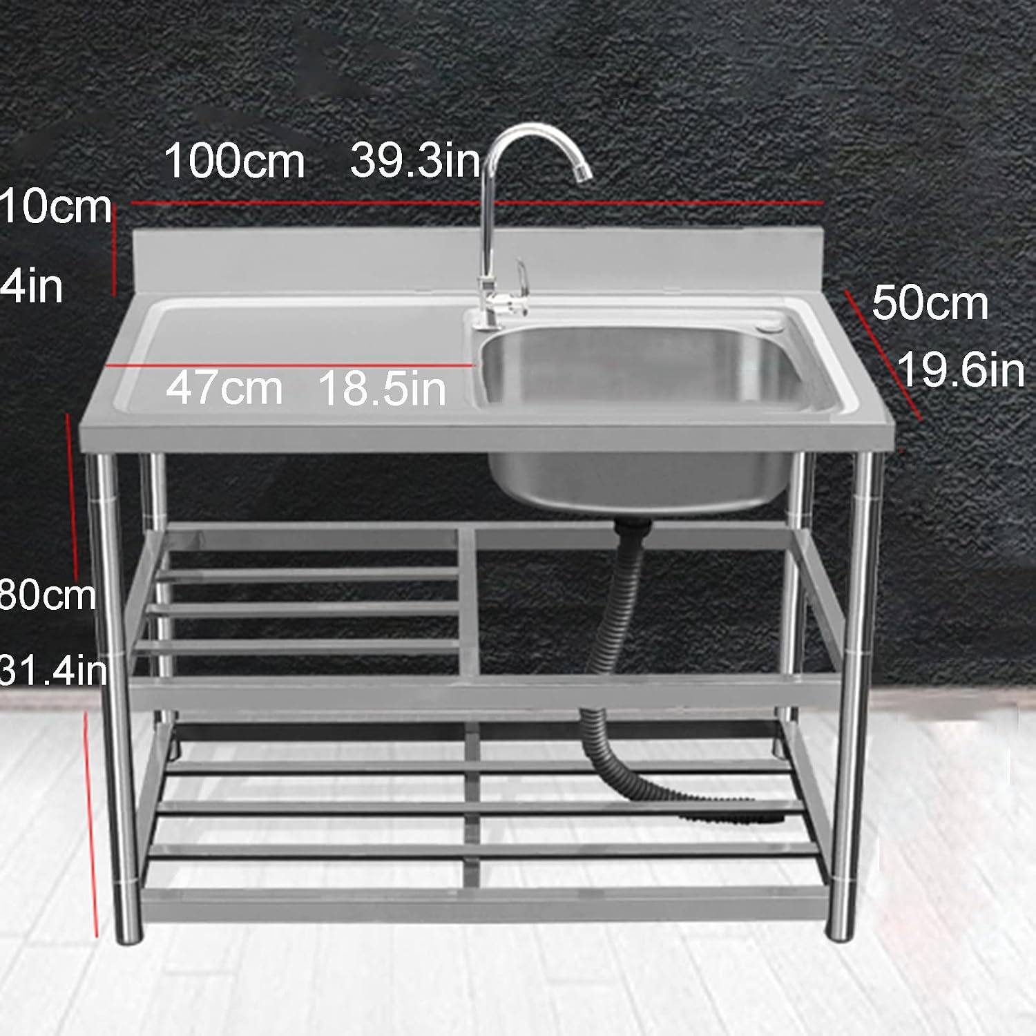 Movable Stainless Steel Kitchen Sink, Commercial 304 Stainless Steel Single Sink Bowl Restaurant Table Utility Sink Washing Hand Basin W/Faucet for Indoor Outdoor