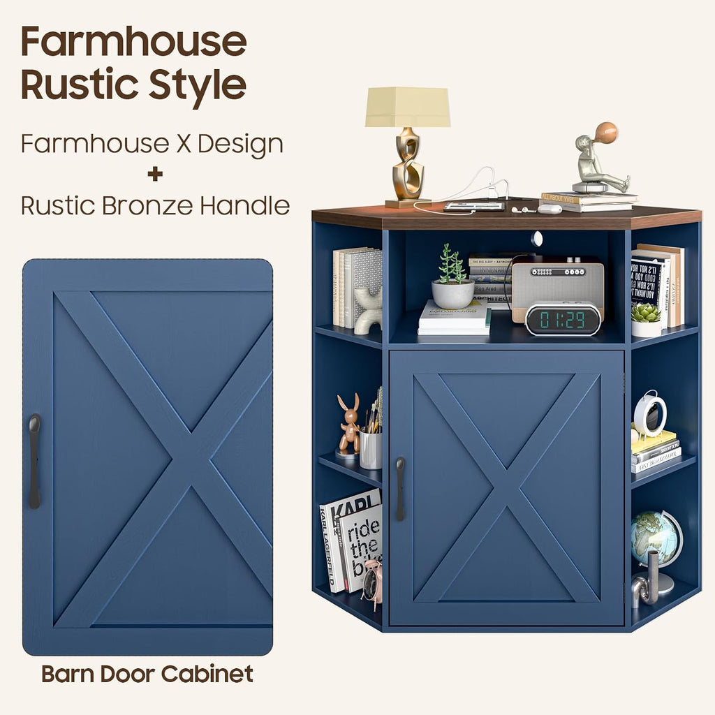 Halitaa Corner Storage Cabinet, Farmhouse Corner Bookshelf with Storage 6-Cubby Wooden Cabinet with USB Ports and Outlets Industrial Organizer for Small Space, Study, Playroom, Blue and Brown
