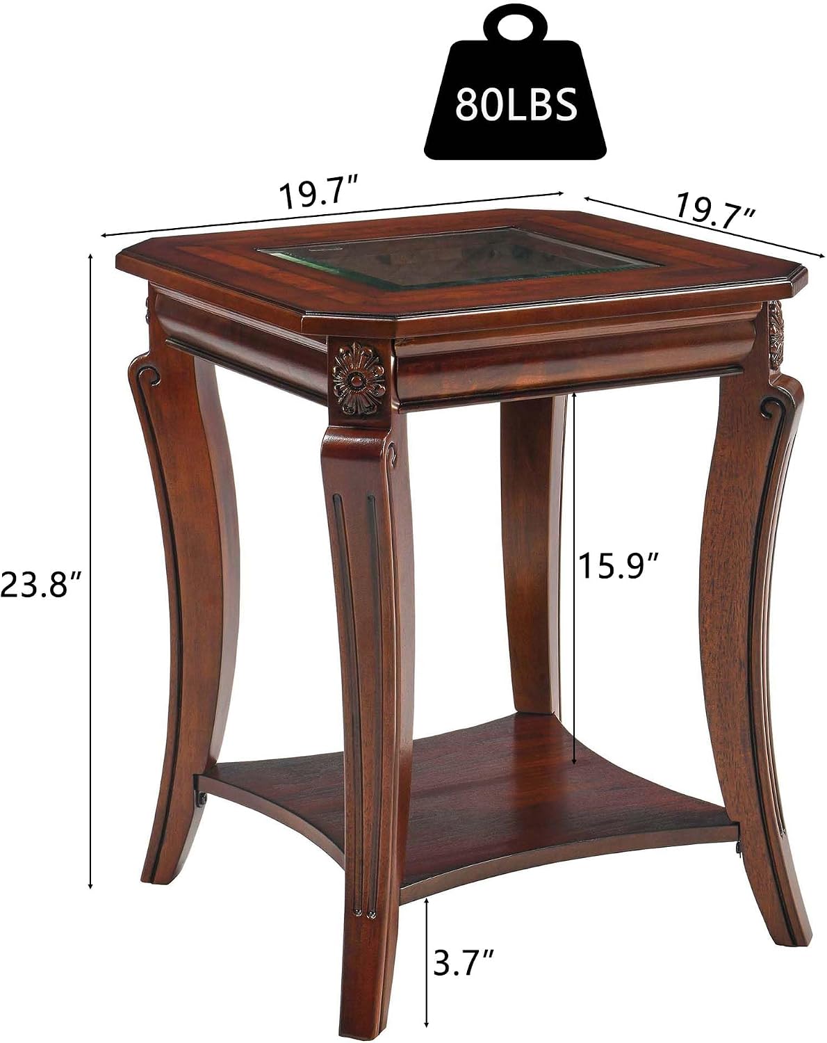 Square End Side Table with Tempered Glass Top, Farmhouse BesideTable with Storage Shelf, Living Room Table with Solid Wood Carved Legs, American Home Table,Easy Assembly,Cherry Brown CJZ-A1168-GT
