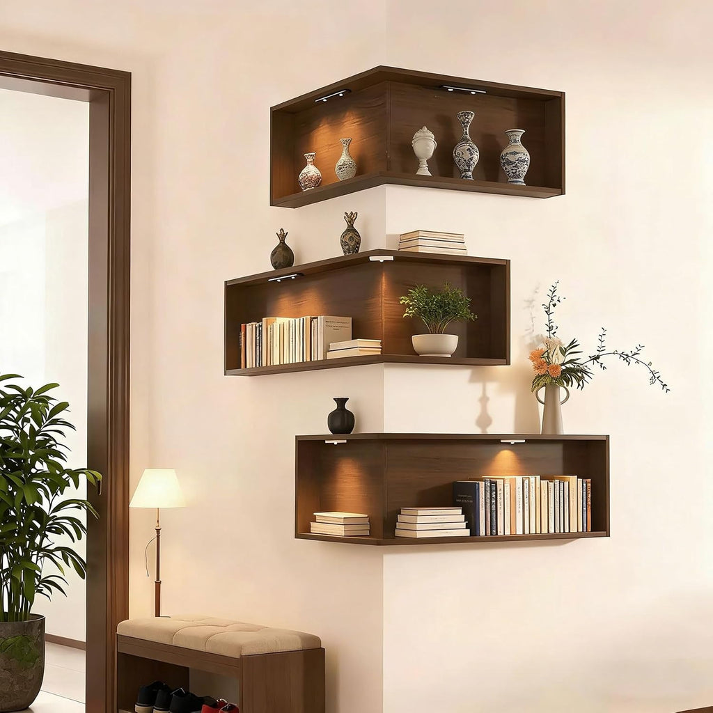 Floating Corner Shelves, Modern Corner Shelf Wall Mounted for Bedroom & Living Room, Easy Install Display Shelf for Books & Decor(3 Pack,L-Shape 40 x 20 x 20 cm)