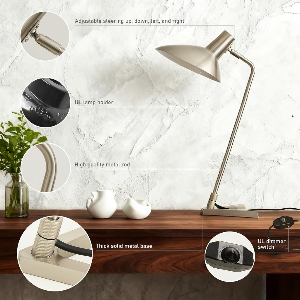 Industrial Desk Lamp Metal Modern Table Lamp 22', Adjustable Neck (4000K) with Adjustable Switch, Ideal for Office Desk Bedroom Bedside Lamps Study Room Living Room Side Table (Nickel)