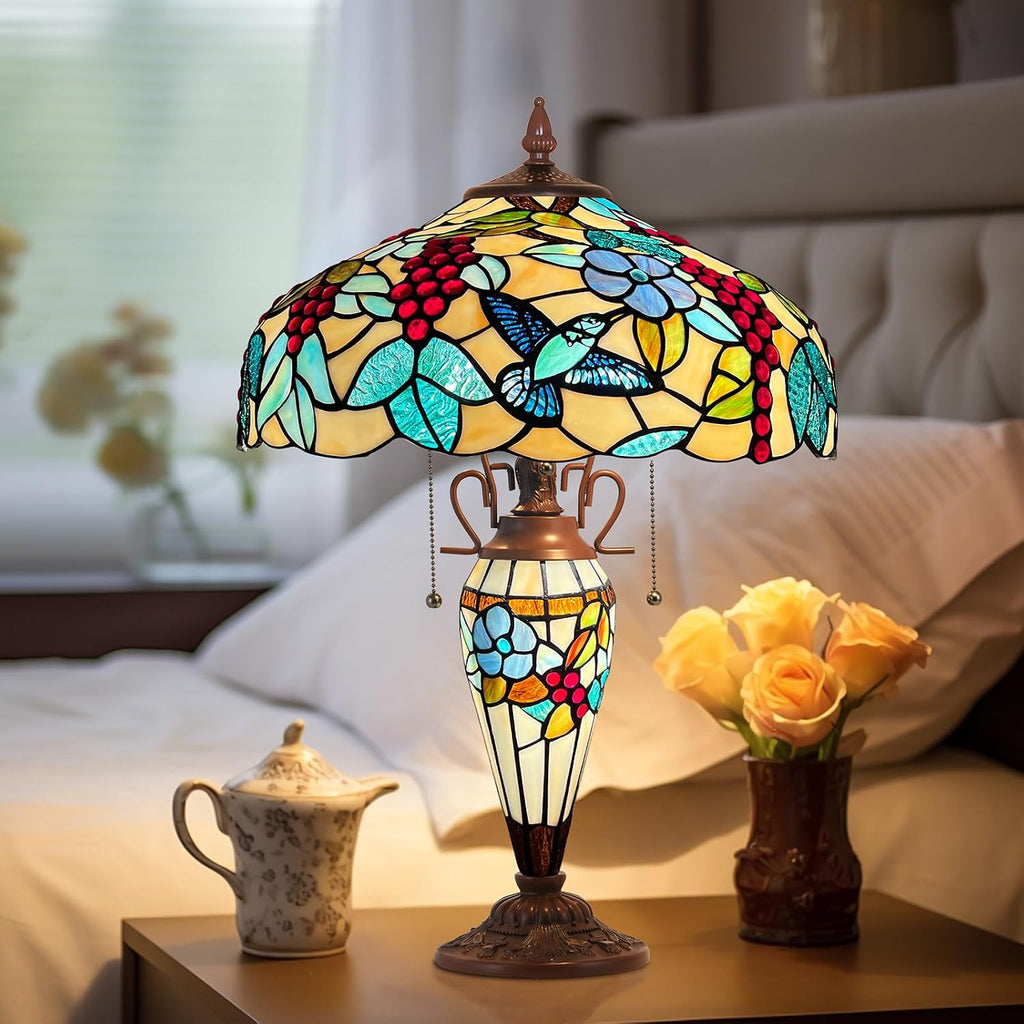 Capulina Tiffany Lamp Stained Glass Table Lamp with Nightlight 3-Light 16X16X25 Inches Mother-Daughter Vase Grape Tiffany Style Desk Lamp for Home Office Living Room Bedroom