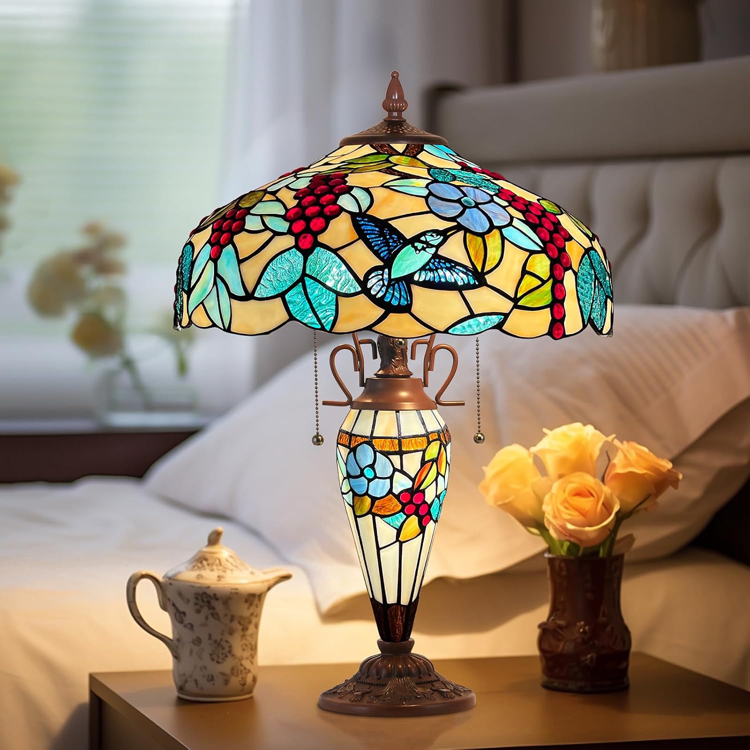 Capulina Tiffany Lamp Stained Glass Table Lamp with Nightlight 3-Light 16X16X25 Inches Mother-Daughter Vase Grape Tiffany Style Desk Lamp for Home Office Living Room Bedroom