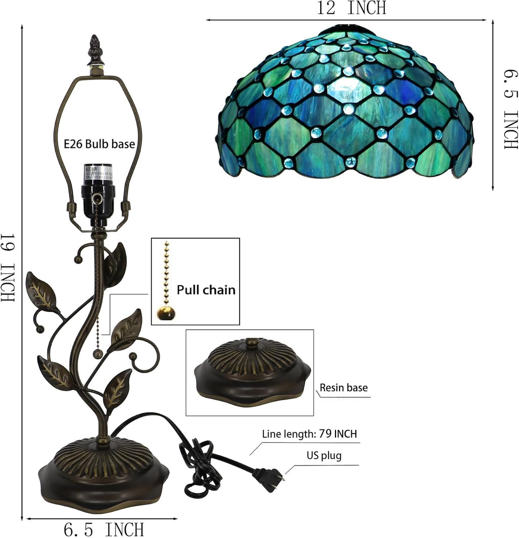 Tiffany Table Lamp, Stained Glass Desk Light, W12H19 Inch, Metal Leaf Base (Sea Blue Pearl Style)