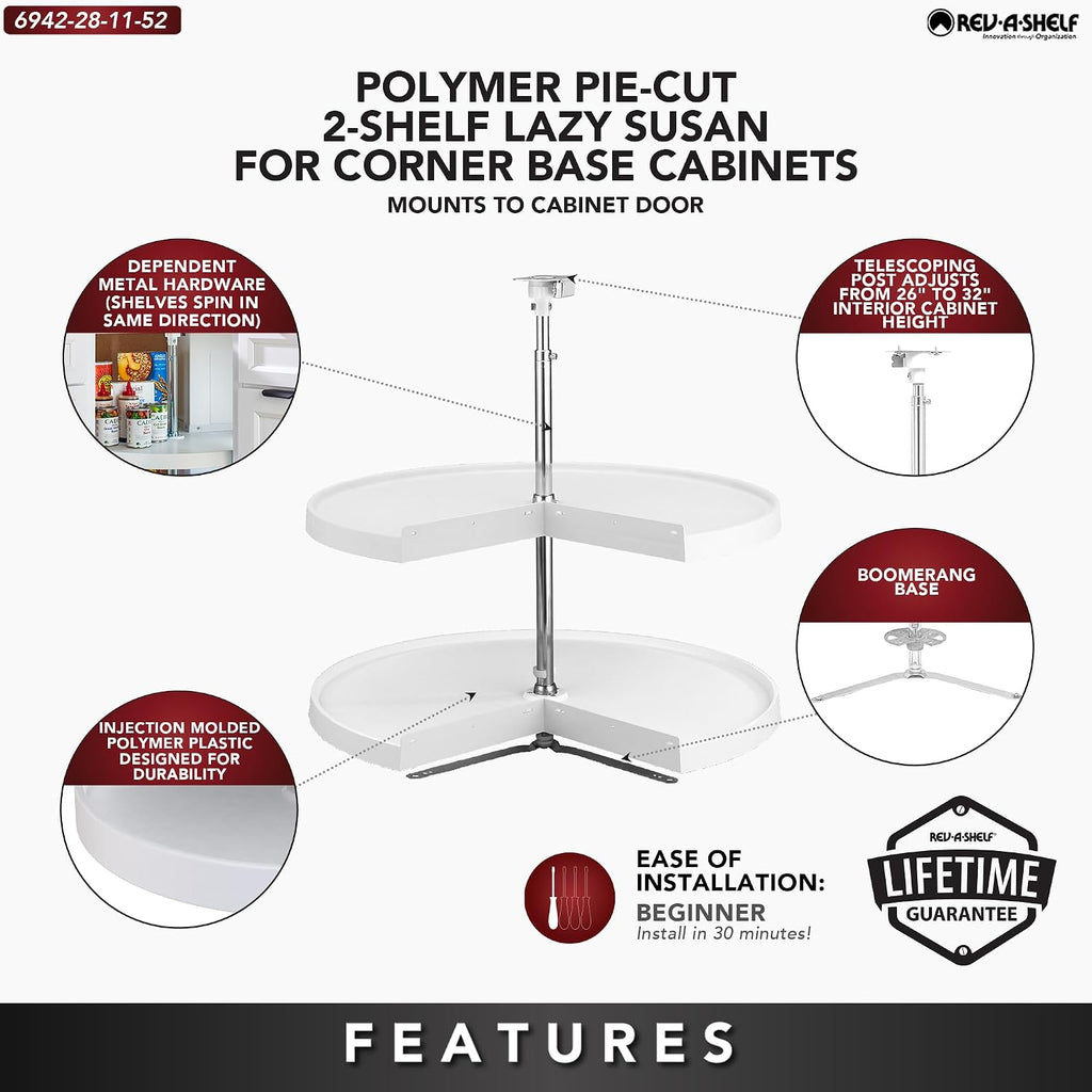 Rev-A-Shelf 2 Tier Pie-Cut Lazy Susan for Corner Base Cabinets, Plastic, 28' Double Shelf Swivel Kitchen Spice and Can Organizer, 28' W x 18.25' D x 26' H, White, 6942-28-11-52