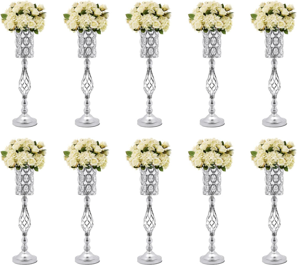 10PCS Wedding Flower Centerpieces for Tables, 61cm/24 Tall Crystal Wedding Decor Flower Stand Floral Display Rack Vases for Tables Wedding Dinner Party, Ceremony Birthday Event Decor (Silver)