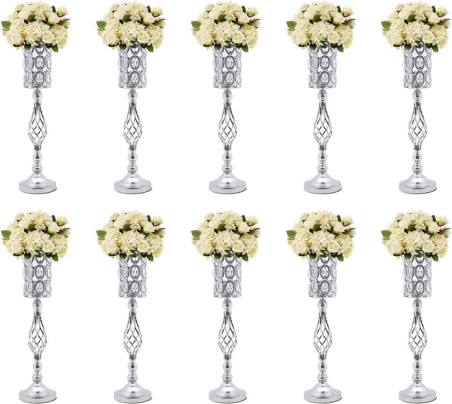 10PCS Wedding Flower Centerpieces for Tables, 61cm/24 Tall Crystal Wedding Decor Flower Stand Floral Display Rack Vases for Tables Wedding Dinner Party, Ceremony Birthday Event Decor (Silver)
