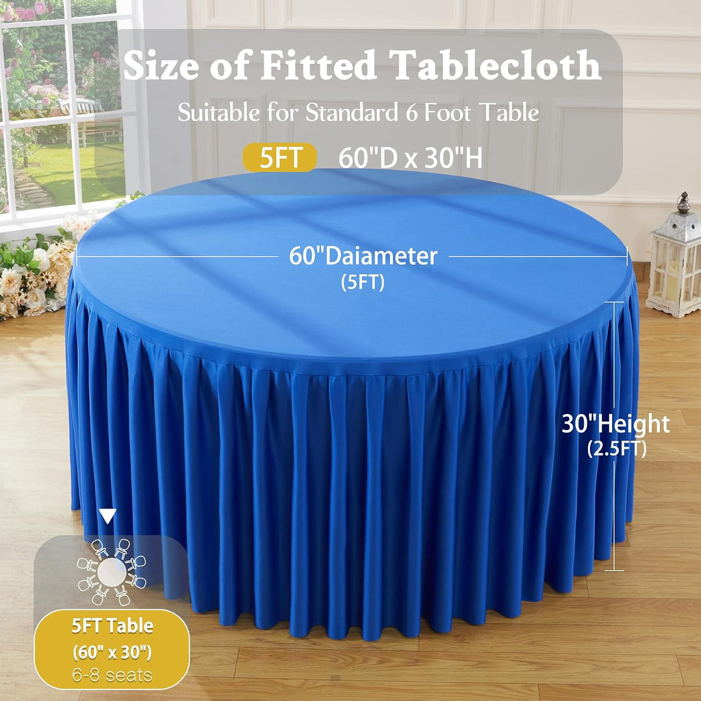 8 Pack Royal Blue Round Tablecloth 60 inch Stretch Spandex Fitted Table Cloth 5FT Round Banquet Tablecloths Wrinkle Free Table Cover Stitch Circle Tablecloth with Ruffle Skirt for Party Wedding