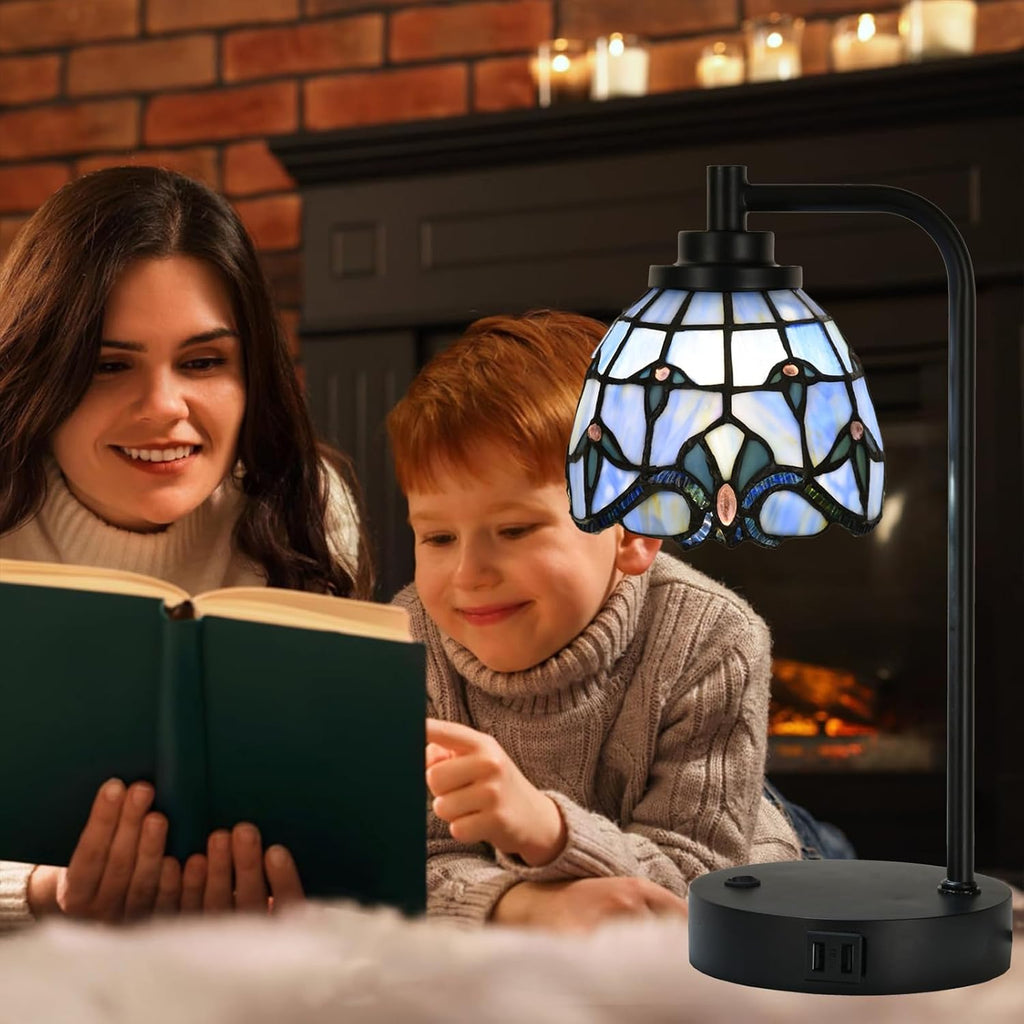 TL0016 Tiffany Style Stained Glass Table Lamp with USB Charging Ports, Desk Lamp with Blue Baroque Lamp Shade, Retro Nightstand H 14.5' for Bedroom Office, LED Bulb Included (Blue)