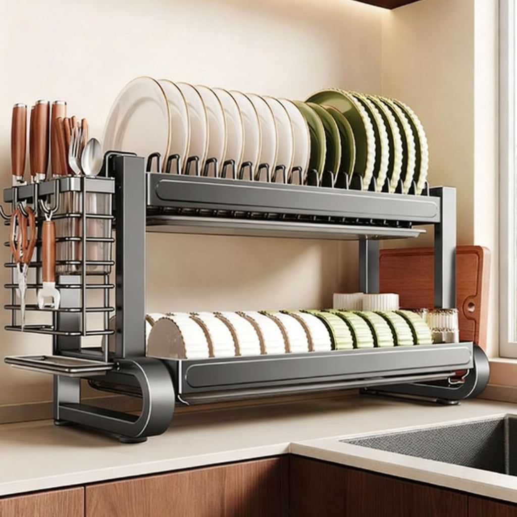 304 Stainless Steel Draining Rack,Kitchen Storage,Household Multifunctional Bowl,Suitable for Sink countertops, for(Grey 55cm/21.9in,Double Layer)