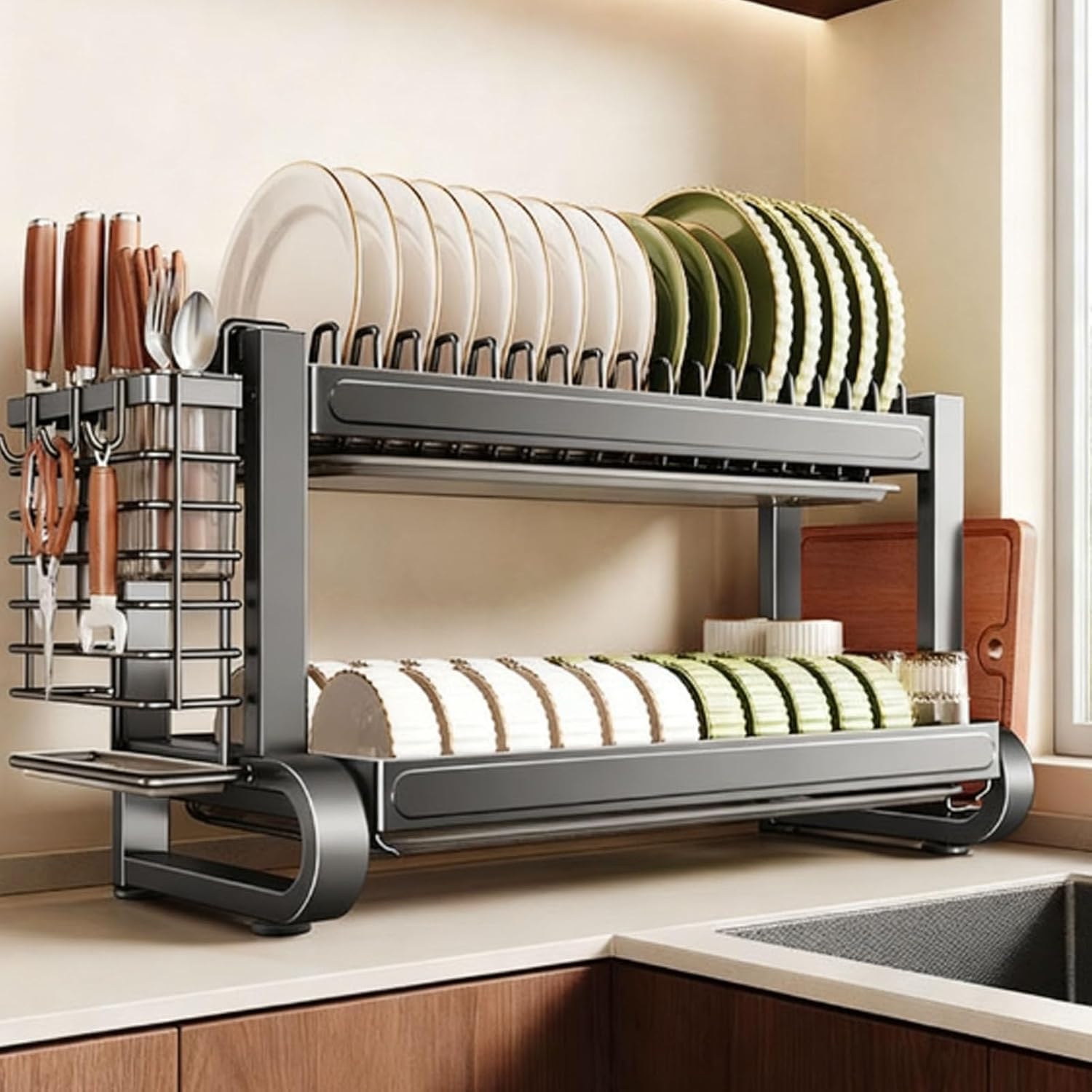 304 Stainless Steel Draining Rack,Kitchen Storage,Household Multifunctional Bowl,Suitable for Sink countertops, for(Grey 55cm/21.9in,Double Layer)