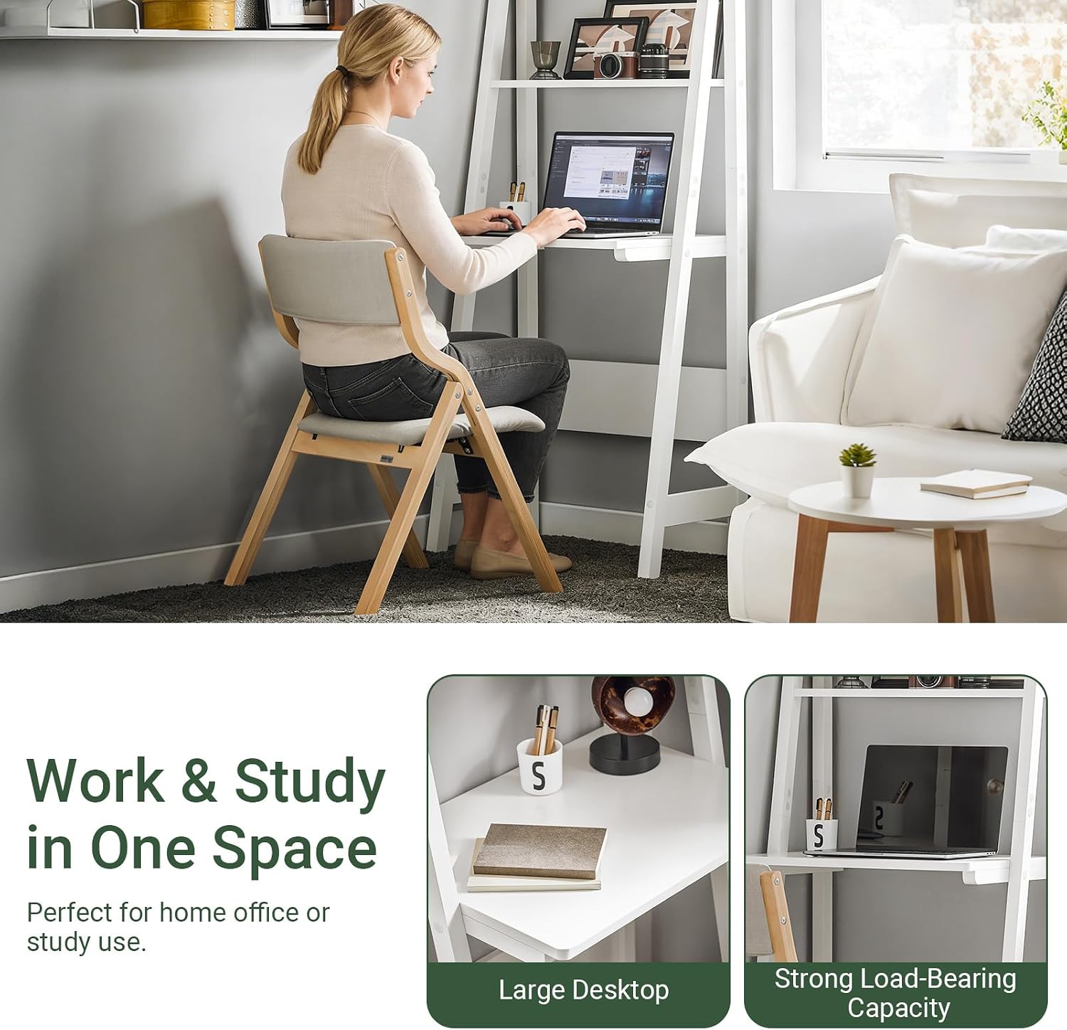 Haotian Ladder Desk with Shelves, Wall Desk for Small Space, Secretary Desk Workstation Dresser Shelf Freestanding Bookshelf, White FRG60-W