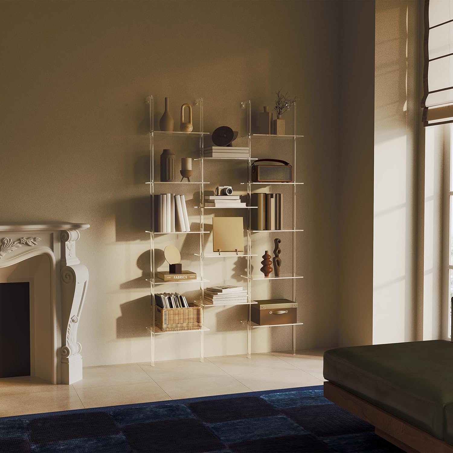 Acrylic Bookshelf, Wall Mounted, 5-Tier Clear Ladder Bookshelf with 14 Open Shelves, Multipurpose Bookcase for Living Room, Bathroom, Office, Modern, 9.5' D x 43.5' W x 72.8' H