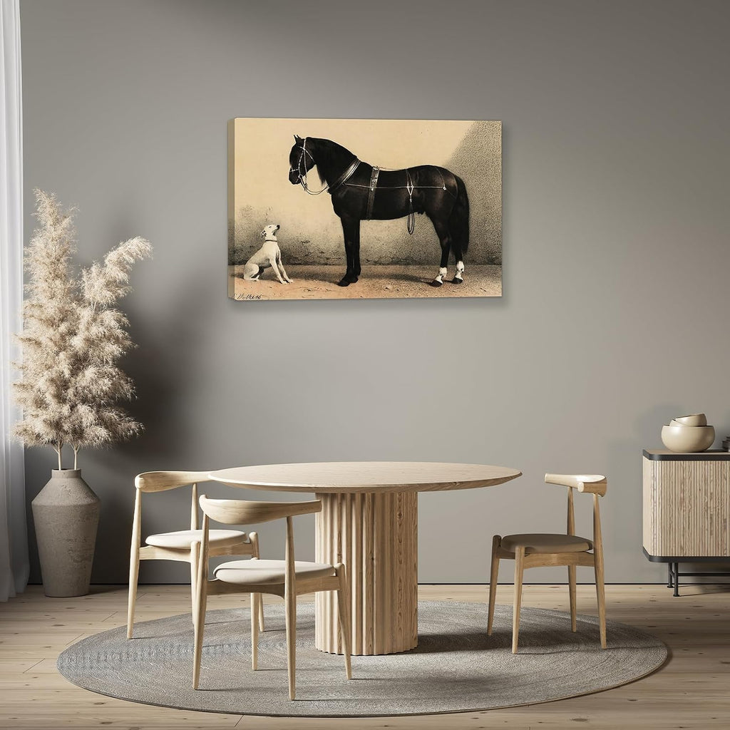 HoozGee Orloff Horse Art Prints by Emil Volkers Built-in Wooden Framed A Black Horse and A White Dog Classic Vintage Oil Painting Canvas Prints Gallery Wall Decor (48'x36' FRAME)