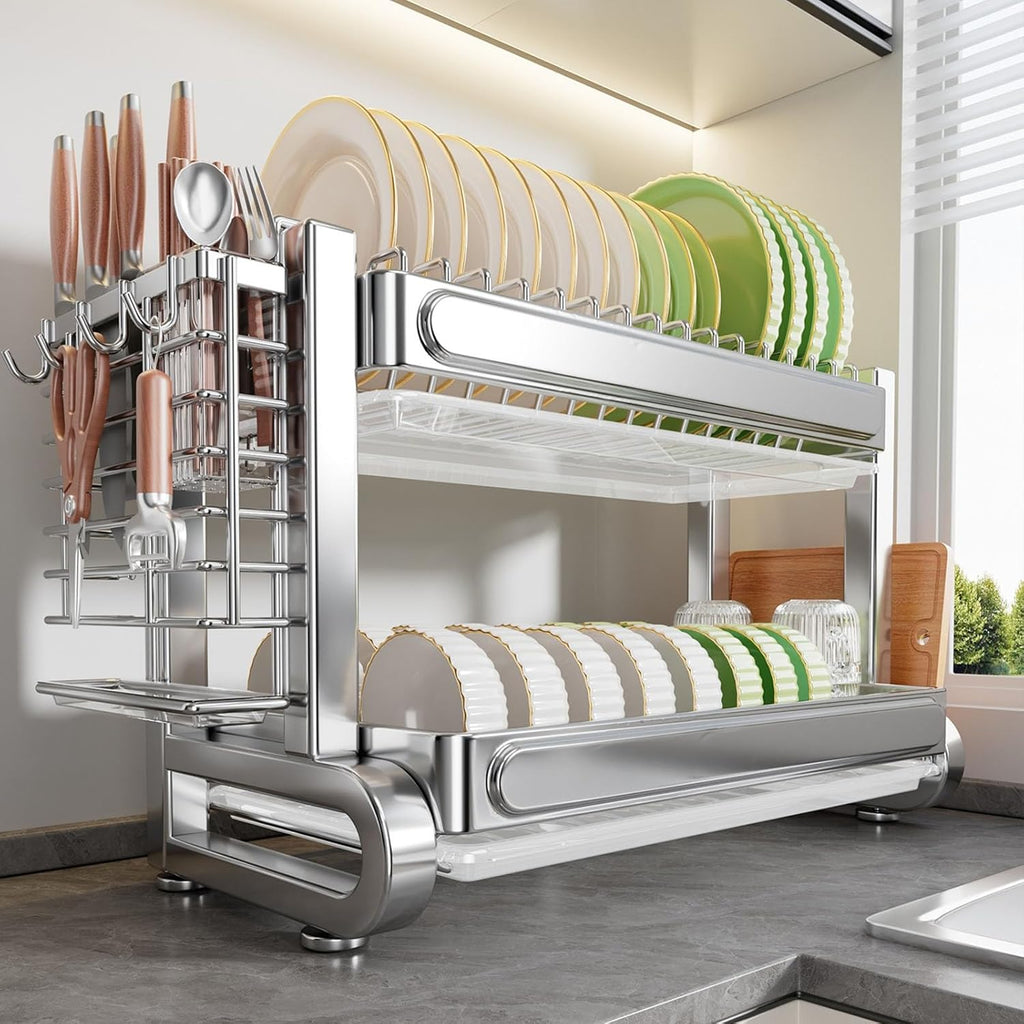 304 Stainless Steel Draining Rack,Kitchen Storage,Household Multifunctional Bowl,Suitable for Sink countertops, for(Stainless Steel 43cm/16.9in,Double Layer)