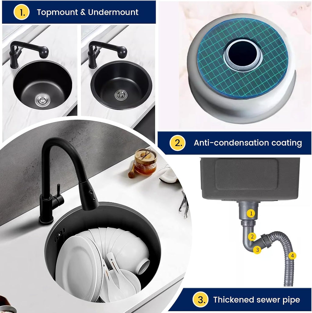 Stainless Steel Kitchen Sink, Single Bowl Sink With Drain Fittings & Overflow, Small Washing Basin, Round Pool For Utility Room, Kitchen, Bar, Pub, Drop In & Undermount(Black,32cm)