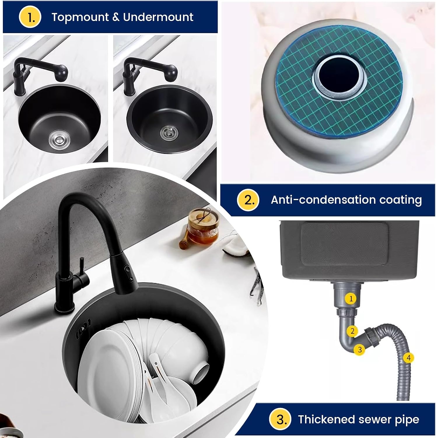 Stainless Steel Kitchen Sink, Single Bowl Sink With Drain Fittings & Overflow, Small Washing Basin, Round Pool For Utility Room, Kitchen, Bar, Pub, Drop In & Undermount(Black,32cm)