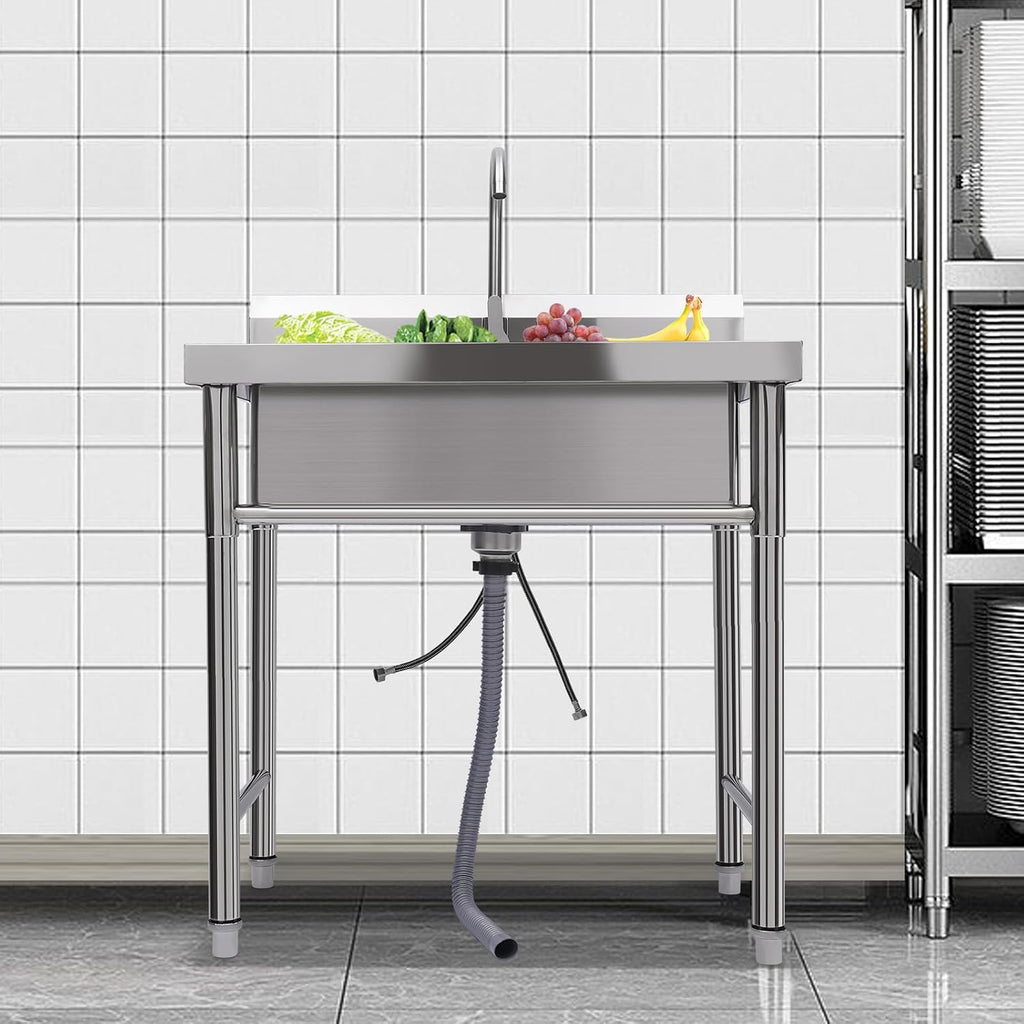 Commercial Stainless Steel Sink, Cold & Hot Water Double Basin Triple Utility Wash Sink, 360° Rotation and Double Layer Filter, Used for Garages, Laundry Room, Kitchen, Restaurant, Farm, Backyard