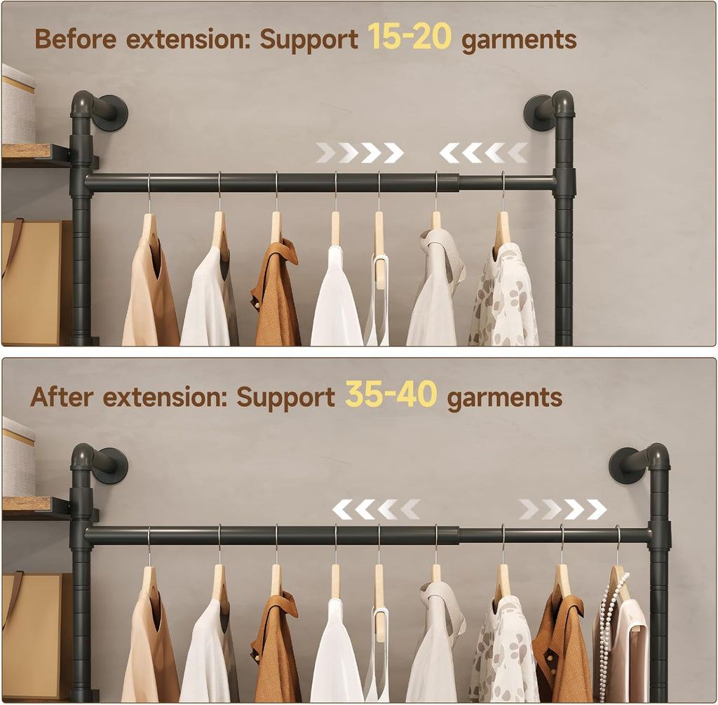 T1 Wall Mounted Closet System, Industrial Pipe Clothing Rack with 6 Wooden Shelves & 4 Telescopic Rods, Heavy Duty Closet Organizers and Storage in Wardrobe Closet (Rustic Brown)