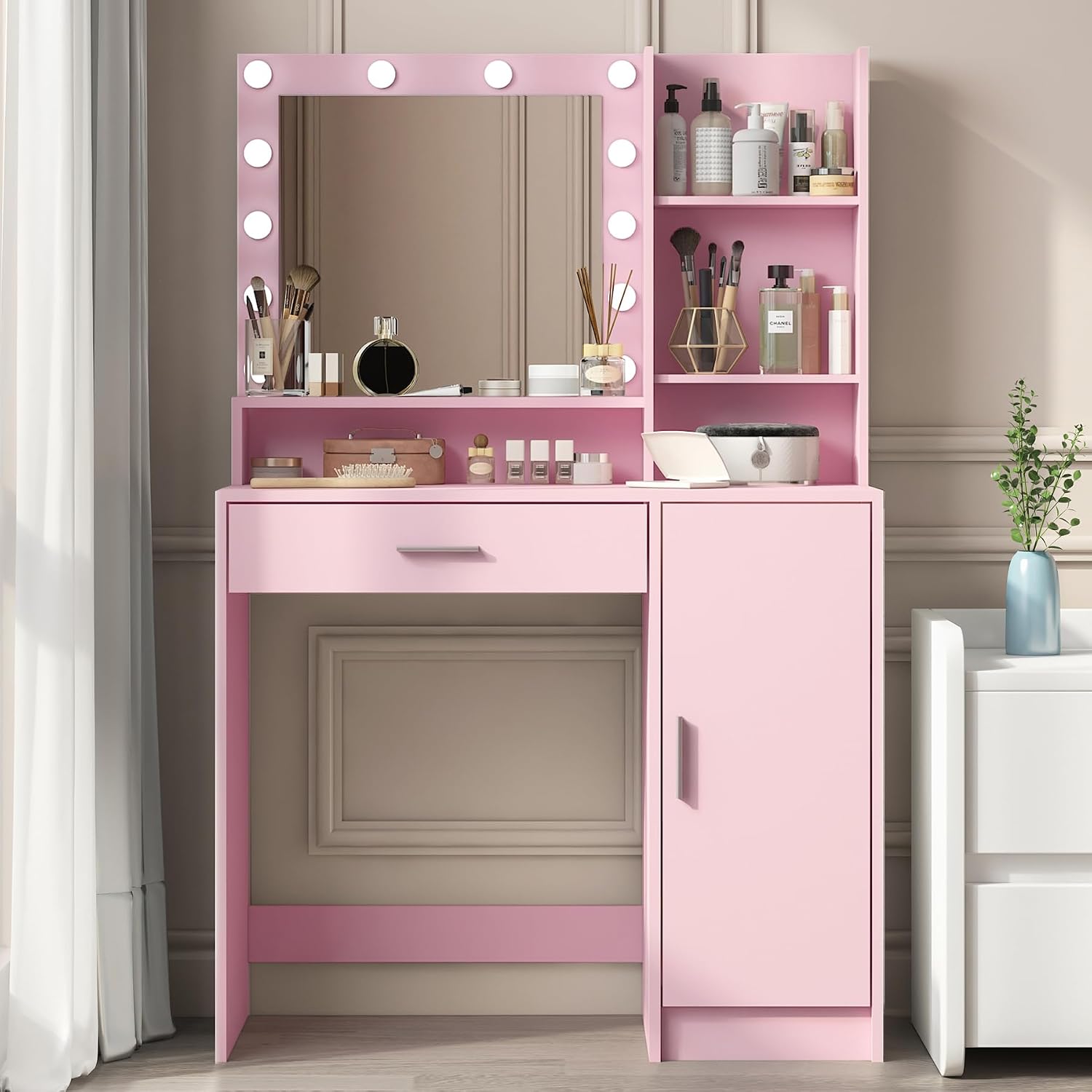 Palimder Vanity Desk with Mirror and Light, Large Drawer and Three Level Storage Dresser, 3 Lighting Modes Adjustable Brightness, Bedroom Dressing Table (Pink)
