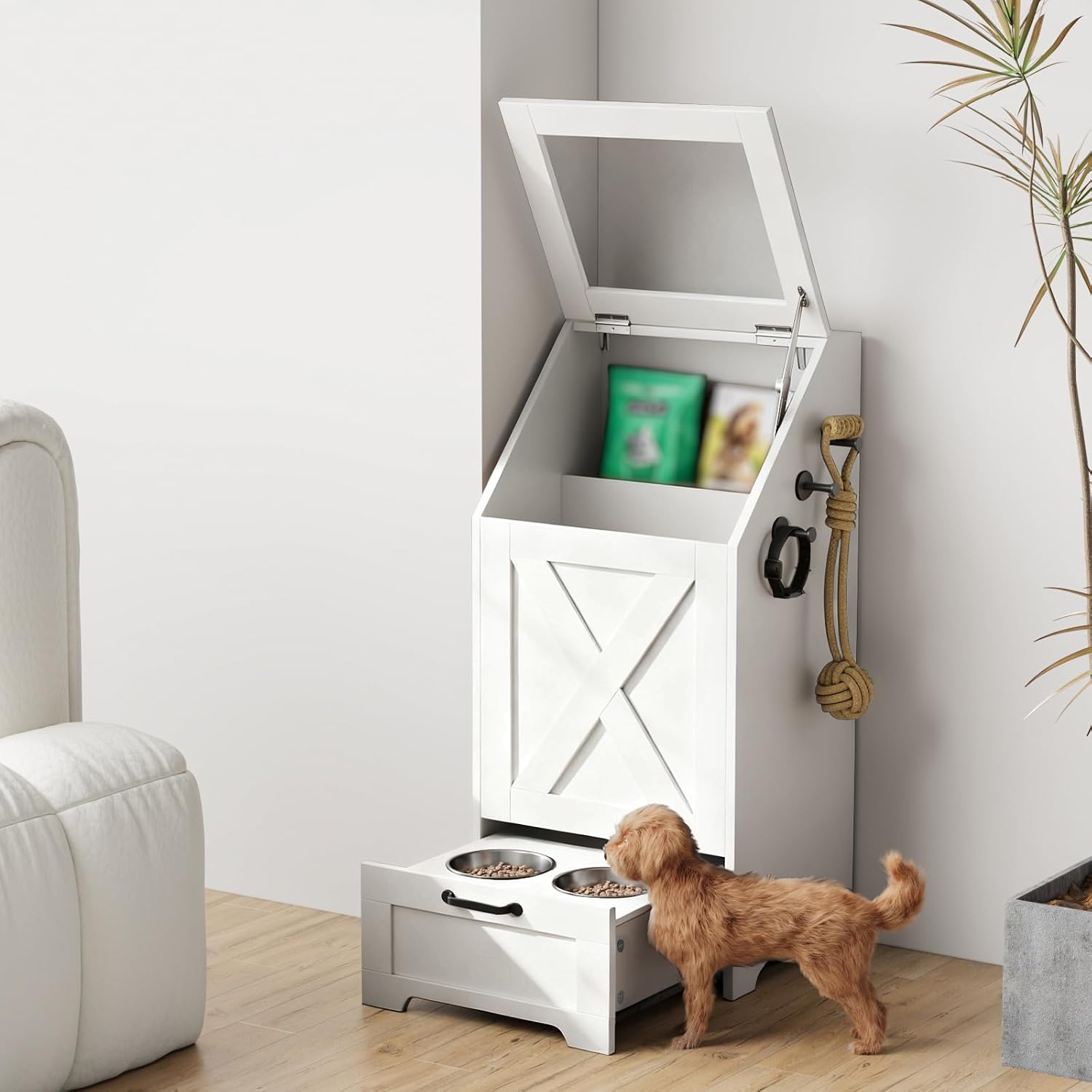 Dog Feeding Station with Storage,Wooden Pet Food Storage Cabinet,Equipped with 2 High Footed Bowls and 3 Hooks,Top Glass Flip Cover,Anti Tipping Device (Dog Feeding Station-White)