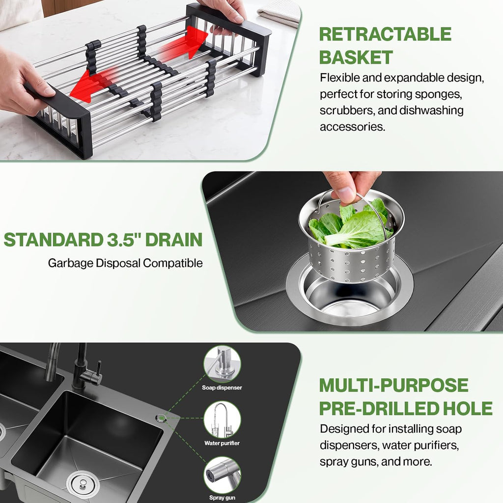 30-inch Black Kitchen Sink, Double Bowl Drop-in/Top-Mount 304 Stainless Steel with Nano Coating, Includes Drain Assembly & Fruit Basket for Modern Kitchen (30.7' x 16.9')