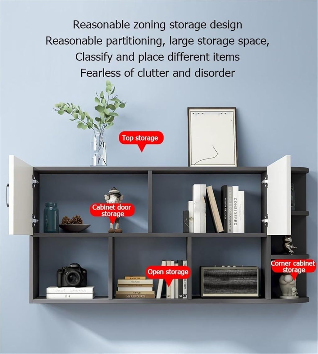 Wall Mounted Storage Cabinet with 2 Doors Floating Hanging Bookshelf with Open Shelves Simple Solid Wood Multi-Layer Racks for Home Office Living Room(Natural,120 cm)