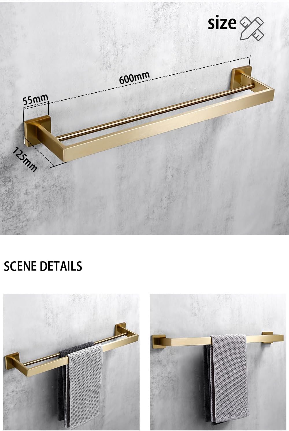 Brushed Gold Bathroom Accessories Set Toilet Brush Holder Toilet Paper Holder Towel Bar Rail Rack Hanger Hook Soap Dish Hardware,Double Towel Bar 560