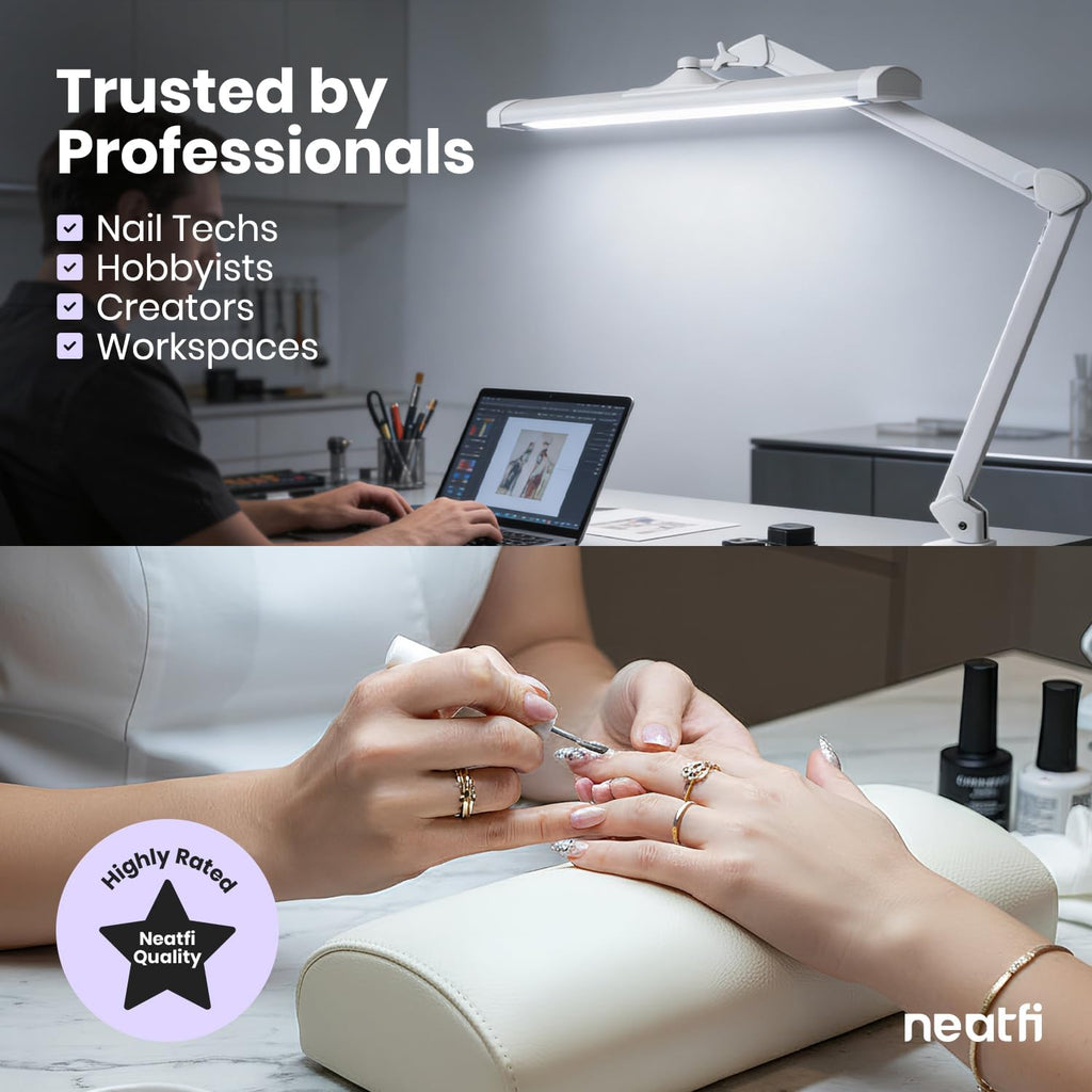 Neatfi Ultra 3,500 Lumens LED Desk Lamp with Base– 45W, 270 SMD LEDs, Shadow-Free | Adjustable Brightness | Non-Flickering Task Light for Nail, Craft & Office (White-3, 26-Inch Wide Shade)