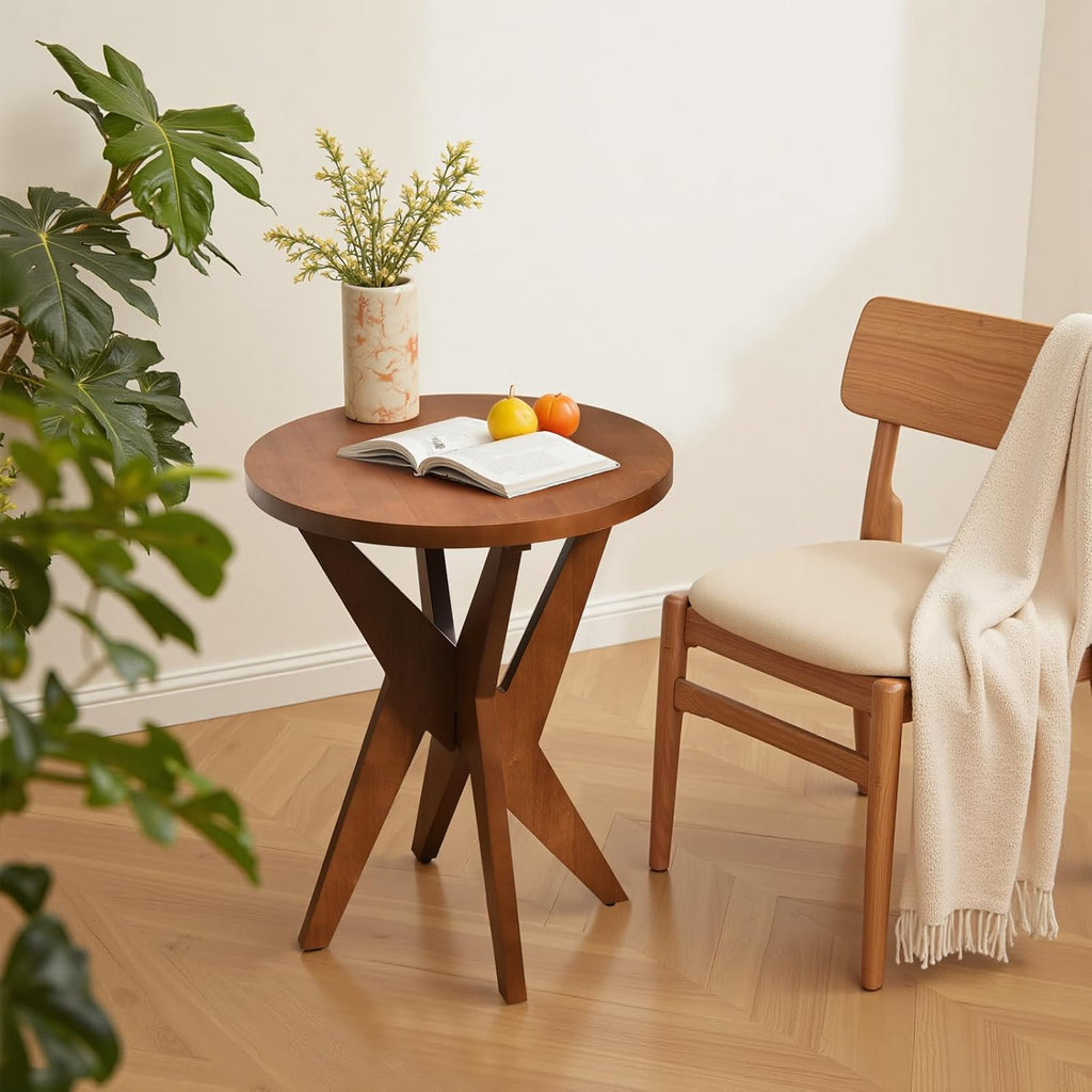 Ahokua Mid-Century Modern Round End Table Set of 2, Walnut Brown Farmhouse Side Tables with MDF Top and Crossed Legs for Living Room, Bedroom, or Small Spaces