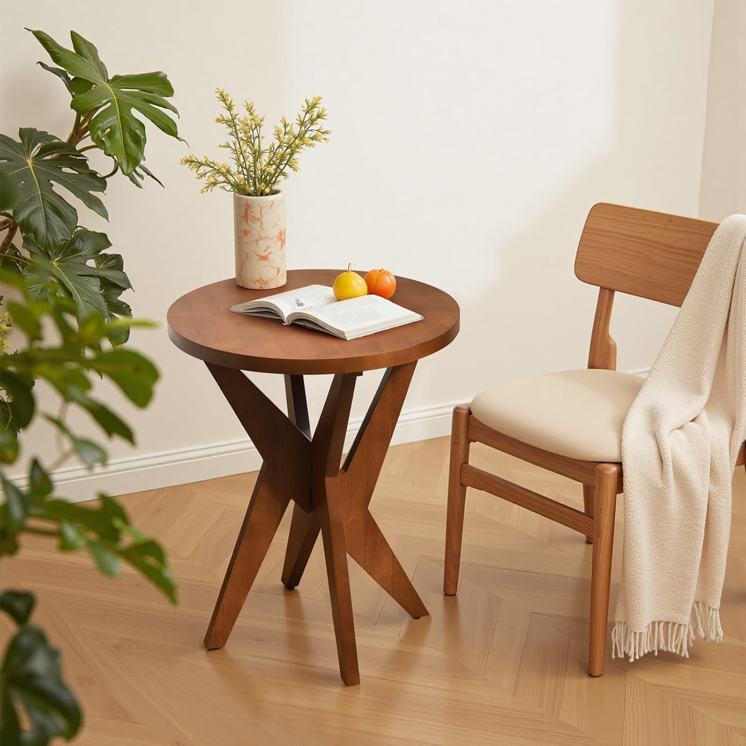 Ahokua Mid-Century Modern Round End Table Set of 2, Walnut Brown Farmhouse Side Tables with MDF Top and Crossed Legs for Living Room, Bedroom, or Small Spaces