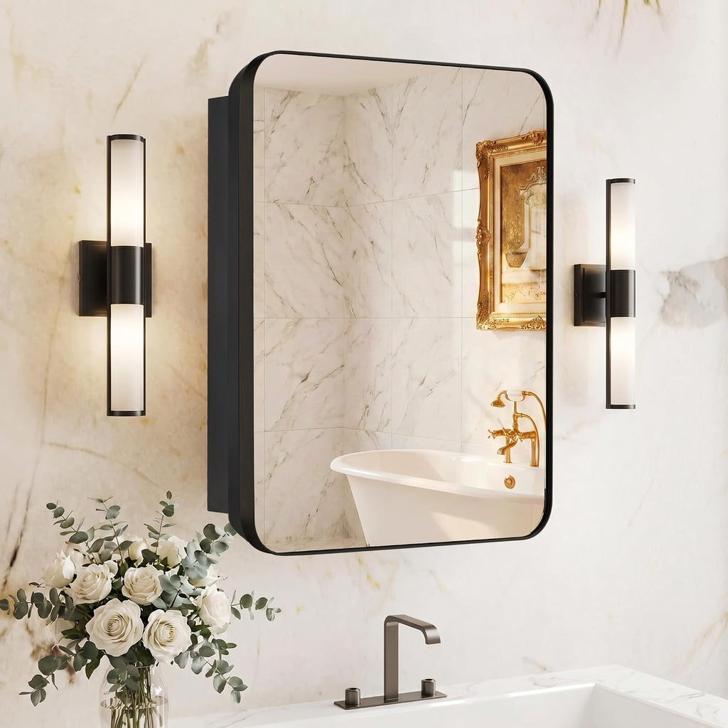 Bathroom Medicine Cabinet with 20'x26' Stainless Steel Framed Mirror,Recessed or Surface Mounted Bathroom Mirror Cabinet,Storage Cabinetfor Bathrooms, Guest Rooms, Apartments, Farmhouse Decor