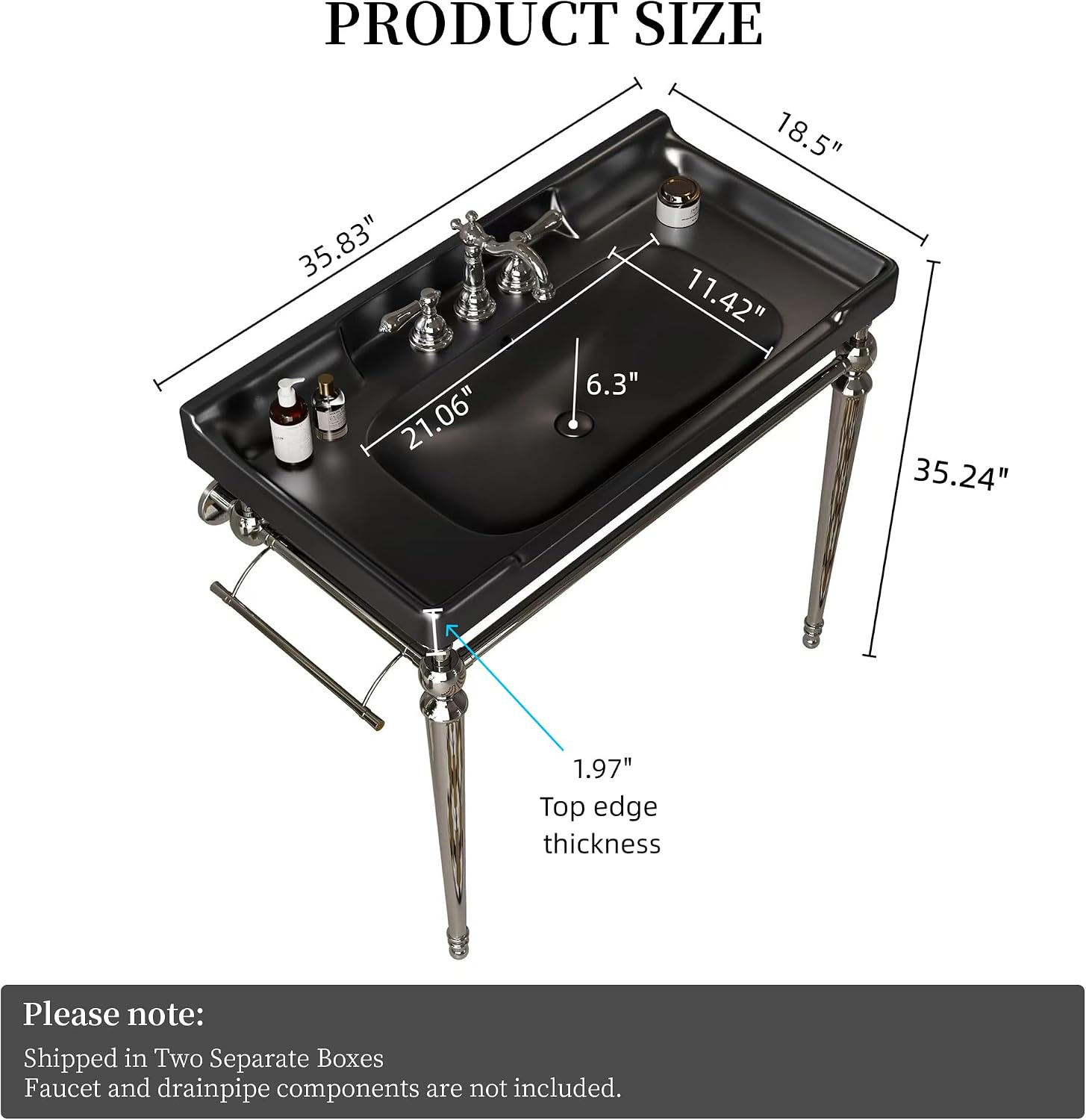 Yayzy 36' Bathroom Vanity with Black Ceramic Sink, Wall-Mounted Console Style, Silver-Finish Stainless Steel Legs & Towel Bar, 3 Faucet Holes, No Faucet